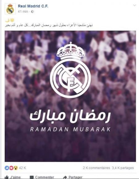 ريال مدريد يهنيء جمهوره المسلم بحلول شهر رمضان المبارك