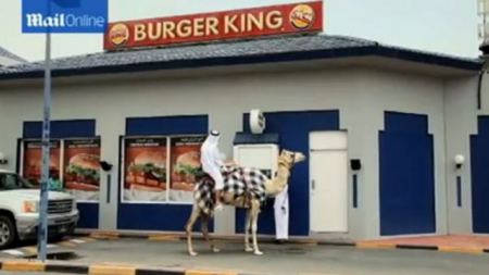 فيديو : خليجي يمتطي جملا في طابور للحصول على تشيزبورغر